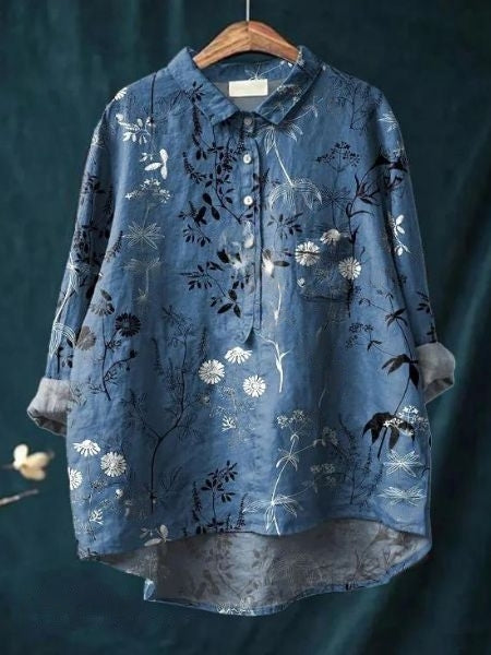 Chemise décontractée en lin à imprimé floral, manches longues et poche poitrine