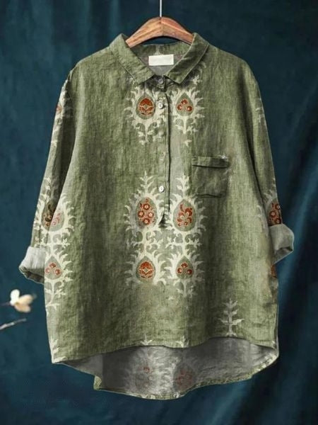 Chemise décontractée en lin à imprimé floral, manches longues et poche poitrine