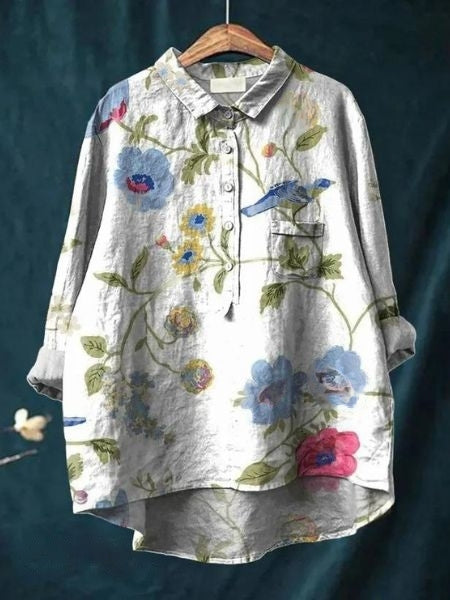 Chemise décontractée en lin à imprimé floral, manches longues et poche poitrine