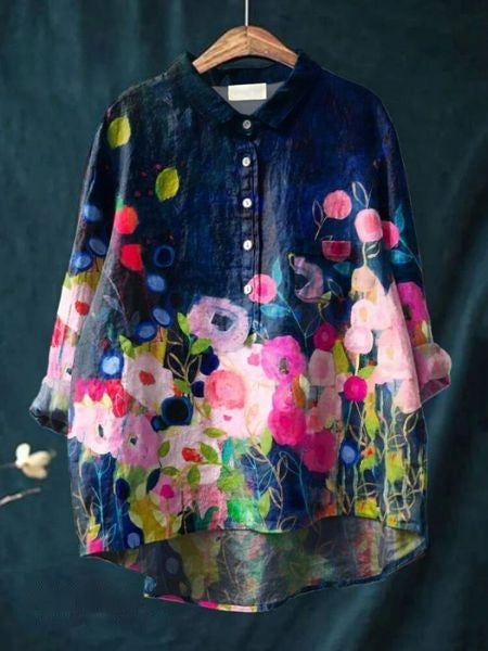 Chemise décontractée en lin à imprimé floral, manches longues et poche poitrine
