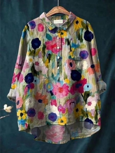 Chemise décontractée en lin à imprimé floral, manches longues et poche poitrine
