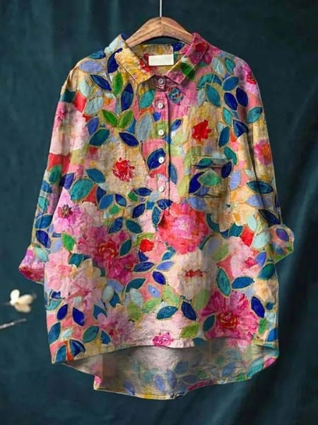 Chemise décontractée en lin à imprimé floral, manches longues et poche poitrine