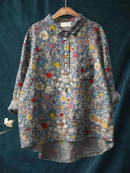 Chemise décontractée en lin à imprimé floral, manches longues et poche poitrine