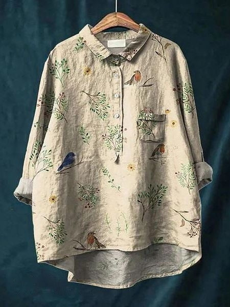 Chemise décontractée en lin à imprimé floral, manches longues et poche poitrine