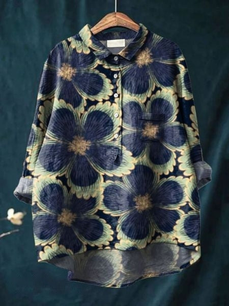 Chemise décontractée en lin à imprimé floral, manches longues et poche poitrine