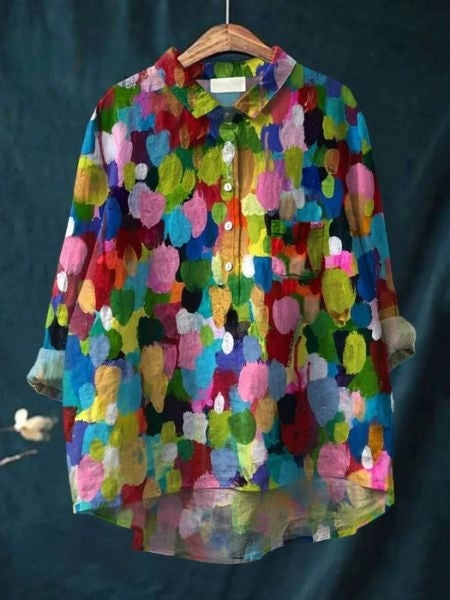 Chemise décontractée en lin à imprimé floral, manches longues et poche poitrine