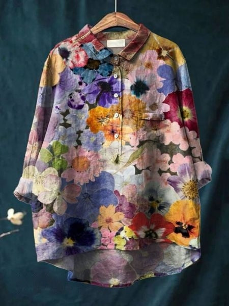 Chemise décontractée en lin à imprimé floral, manches longues et poche poitrine