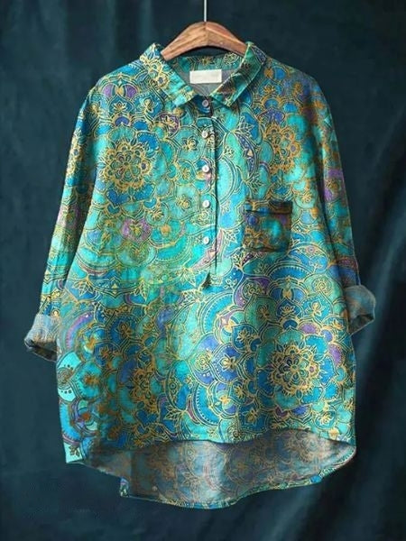 Chemise décontractée en lin à imprimé floral, manches longues et poche poitrine