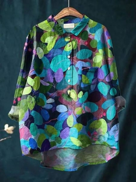 Chemise décontractée en lin à imprimé floral, manches longues et poche poitrine