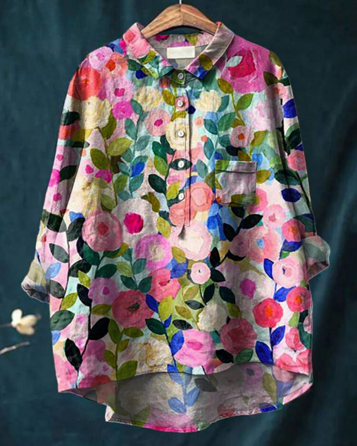 Chemise décontractée en lin à imprimé floral, manches longues et poche poitrine