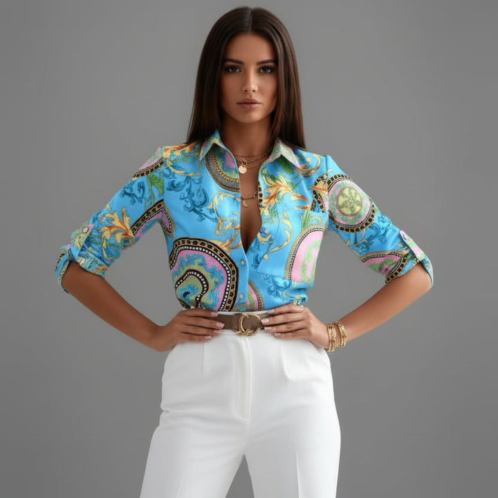 Chemise imprimée décontractée à col classique et manches retroussées