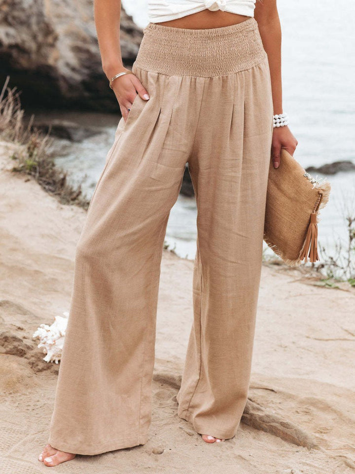 Entspannte Leinenhose mit weitem Bein und gerafftem Bund
