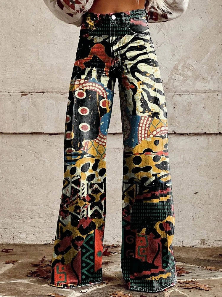 Retro Bedruckte Hose mit Hoher Taille und Vollem Schlag