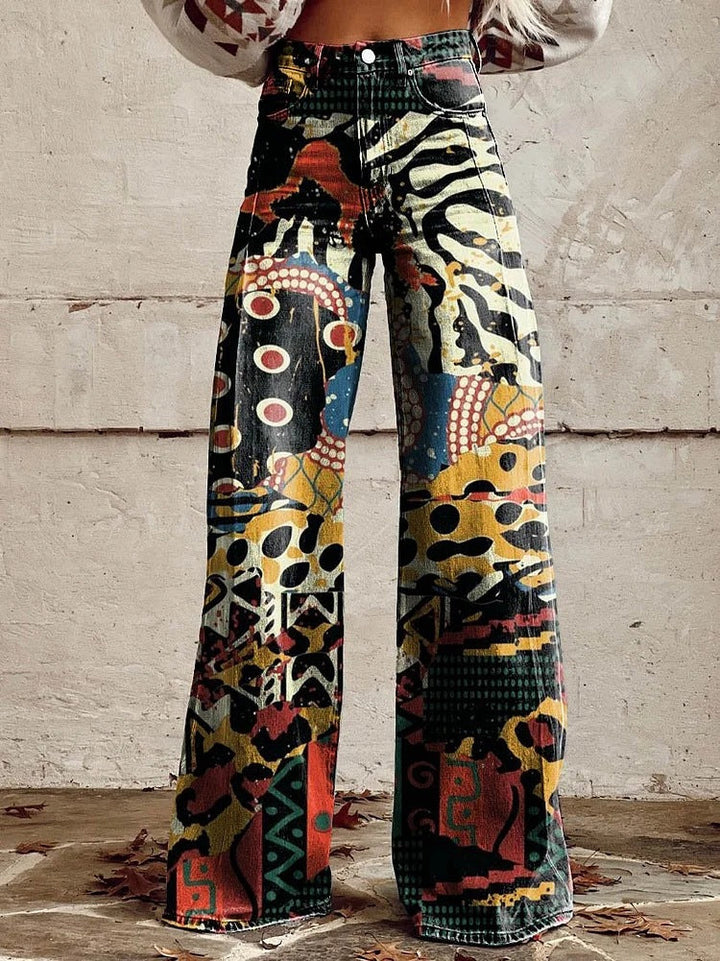 Retro Bedruckte Hose mit Hoher Taille und Vollem Schlag
