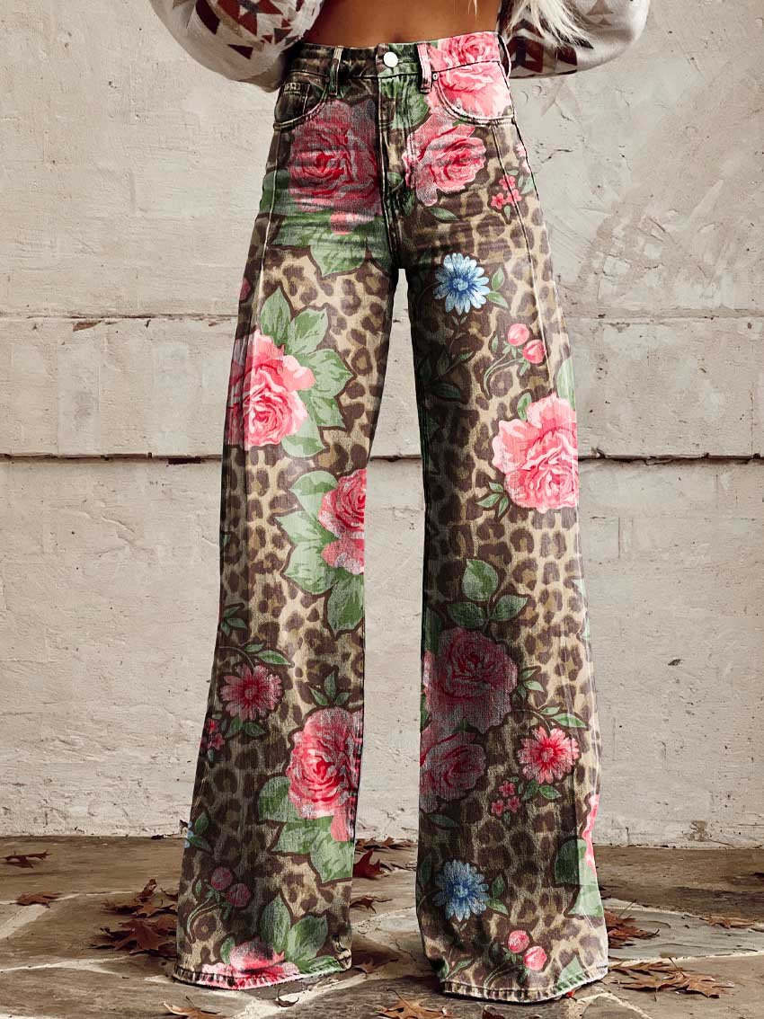 Retro Bedruckte Hose mit Hoher Taille und Vollem Schlag