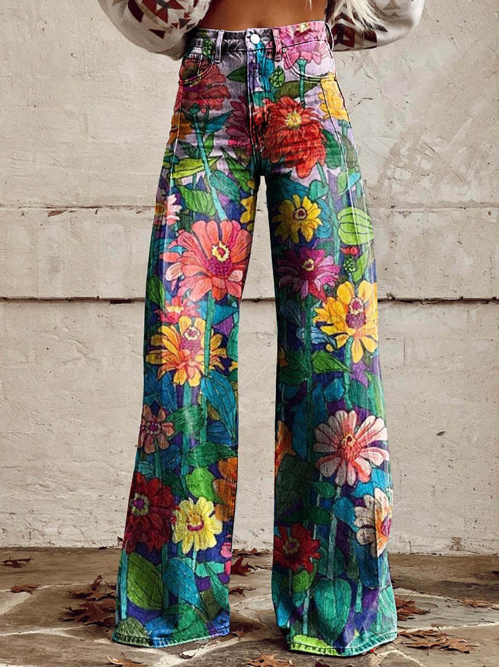 Retro Bedruckte Hose mit Hoher Taille und Vollem Schlag