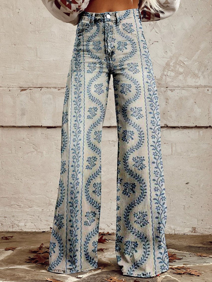 Retro Bedruckte Hose mit Hoher Taille und Vollem Schlag
