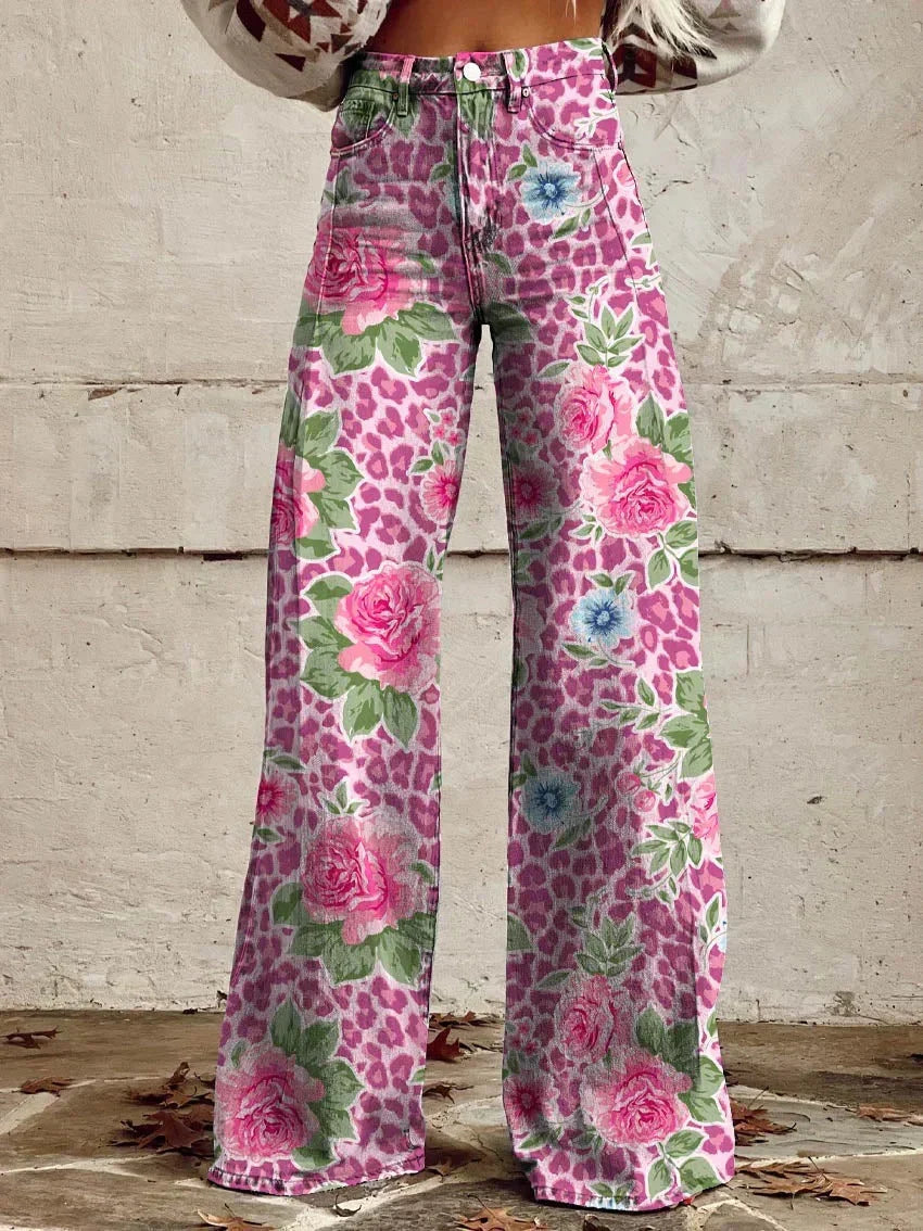 Retro Bedruckte Hose mit Hoher Taille und Vollem Schlag