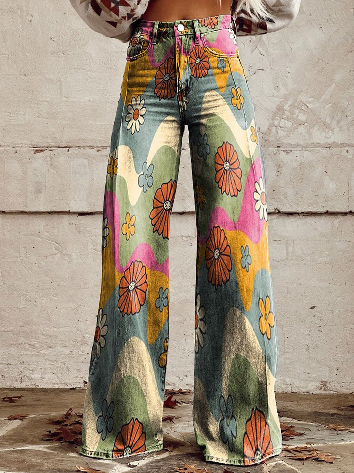 Retro Bedruckte Hose mit Hoher Taille und Vollem Schlag