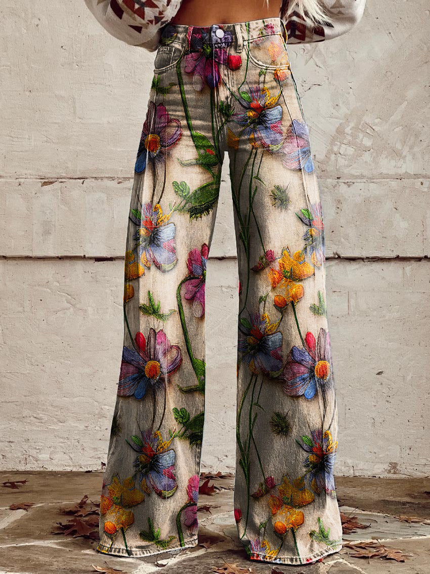 Retro Bedruckte Hose mit Hoher Taille und Vollem Schlag
