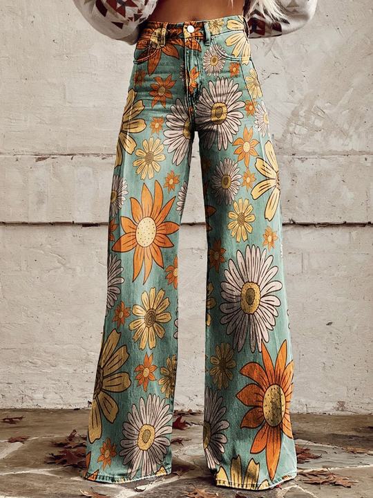 Retro Bedruckte Hose mit Hoher Taille und Vollem Schlag