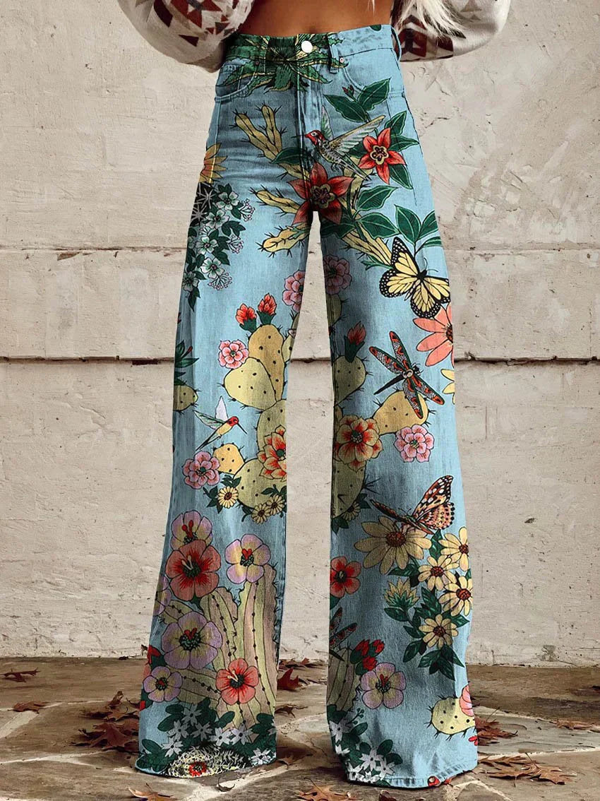 Retro Bedruckte Hose mit Hoher Taille und Vollem Schlag