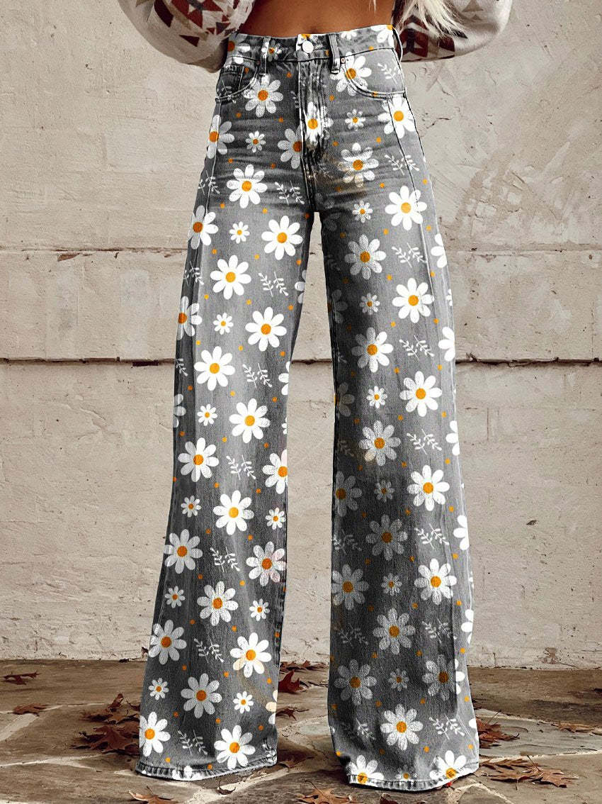 Retro Bedruckte Hose mit Hoher Taille und Vollem Schlag