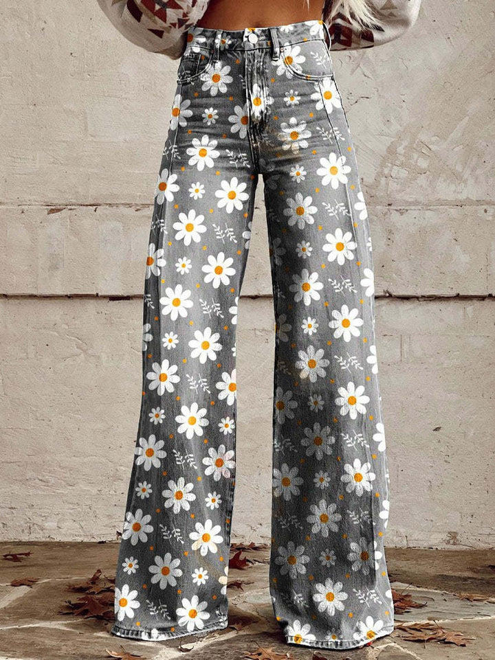 Retro Bedruckte Hose mit Hoher Taille und Vollem Schlag