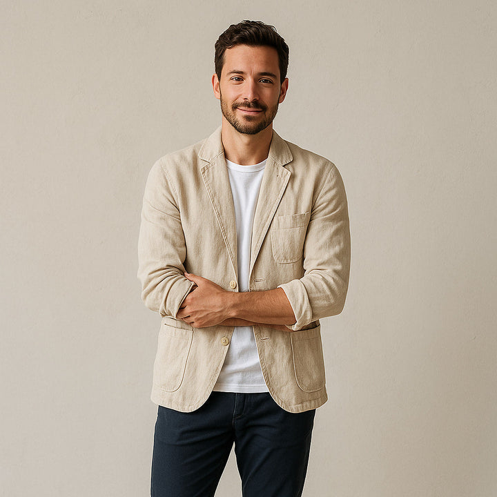 Blazer homme chic en lin avec col à revers et coupe déstructurée