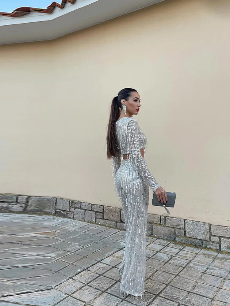 Ensemble de fête à sequins pour femme – Crop top et pantalon taille haute
