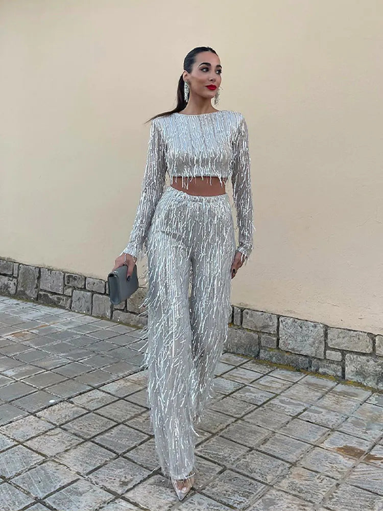 Ensemble de fête à sequins pour femme – Crop top et pantalon taille haute