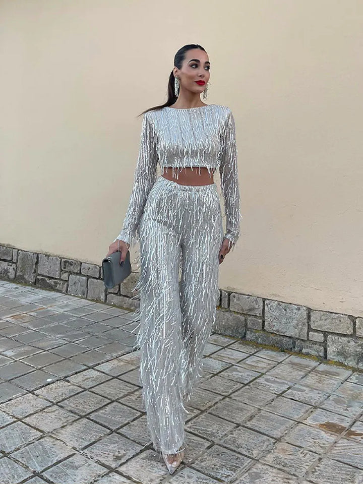 Ensemble de fête à sequins pour femme – Crop top et pantalon taille haute