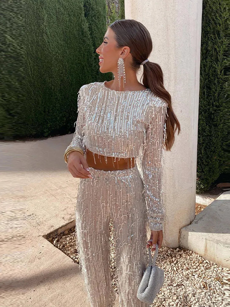 Ensemble de fête à sequins pour femme – Crop top et pantalon taille haute