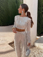 Ensemble de fête à sequins pour femme – Crop top et pantalon taille haute