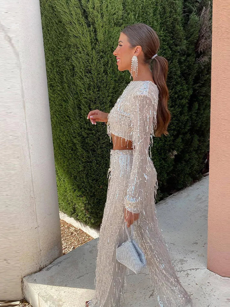 Ensemble de fête à sequins pour femme – Crop top et pantalon taille haute