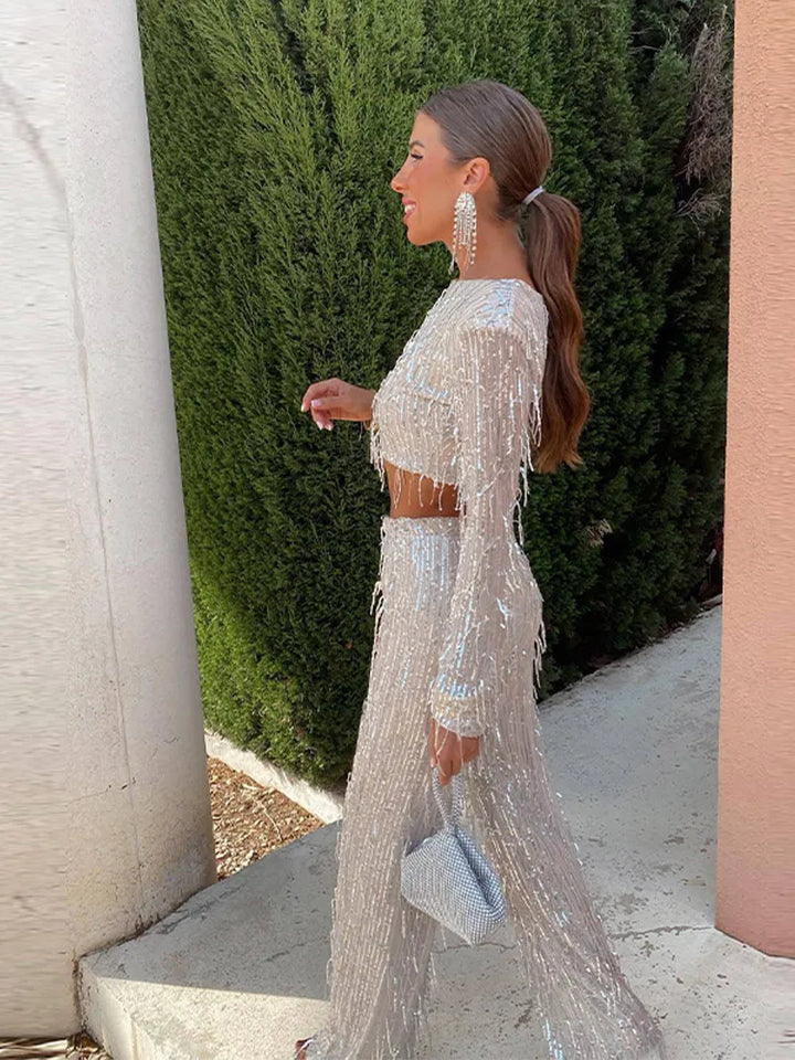 Ensemble de fête à sequins pour femme – Crop top et pantalon taille haute