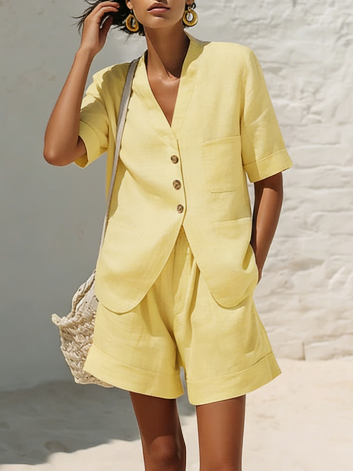 Tess - Trendy Linen Summer Set for Women with Blouse Jacket and Shorts