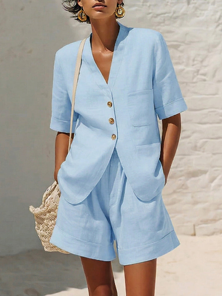 Tess - Trendy Linen Summer Set for Women with Blouse Jacket and Shorts