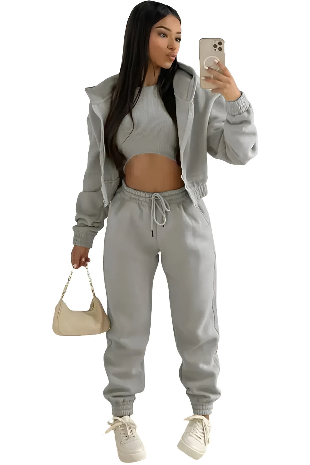 Ensemble de salon trois pièces avec sweat à capuche court et pantalon de jogging