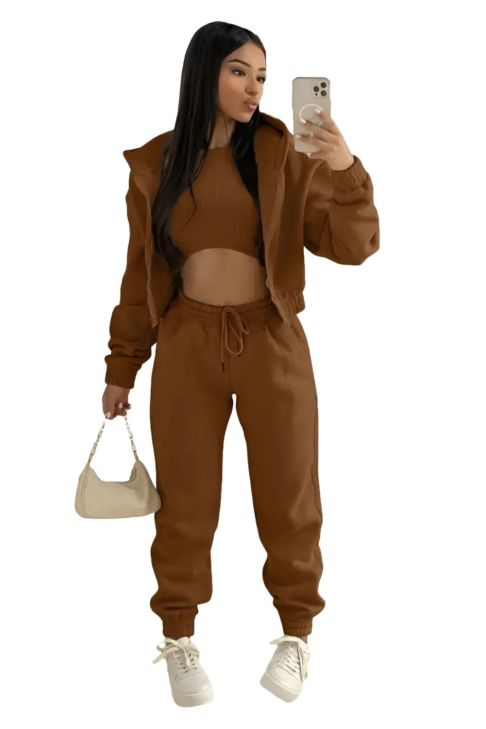 Ensemble de salon trois pièces avec sweat à capuche court et pantalon de jogging