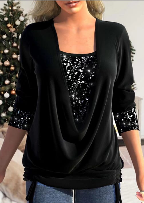 Top Damen | Glitzernde Pailletten &amp; Flatternder Drapierter Look