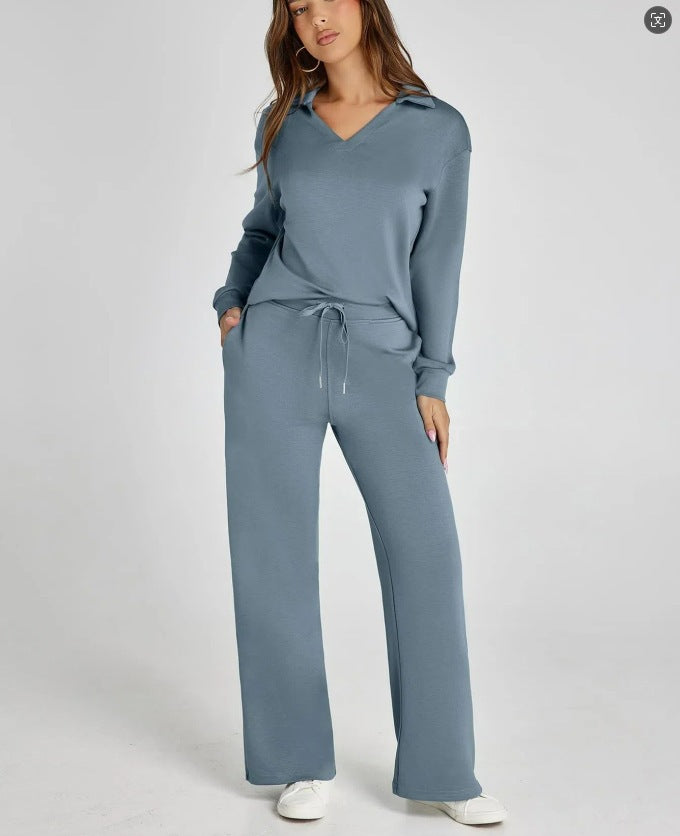 Zweiteiliges Loungewear-Set mit V-Ausschnitt-Oberteil und weiten Hosen