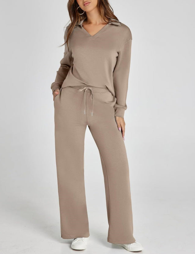 Zweiteiliges Loungewear-Set mit V-Ausschnitt-Oberteil und weiten Hosen