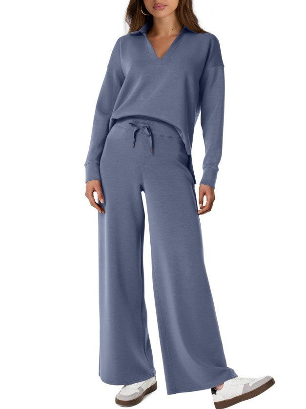 Zweiteiliges Loungewear-Set mit V-Ausschnitt-Oberteil und weiten Hosen
