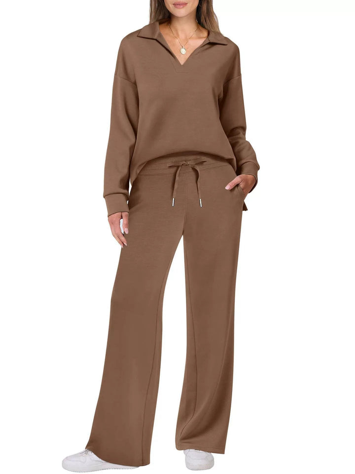Zweiteiliges Loungewear-Set mit V-Ausschnitt-Oberteil und weiten Hosen