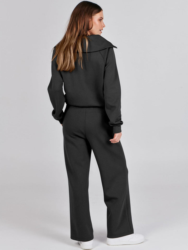 Zweiteiliges Loungewear-Set mit V-Ausschnitt-Oberteil und weiten Hosen