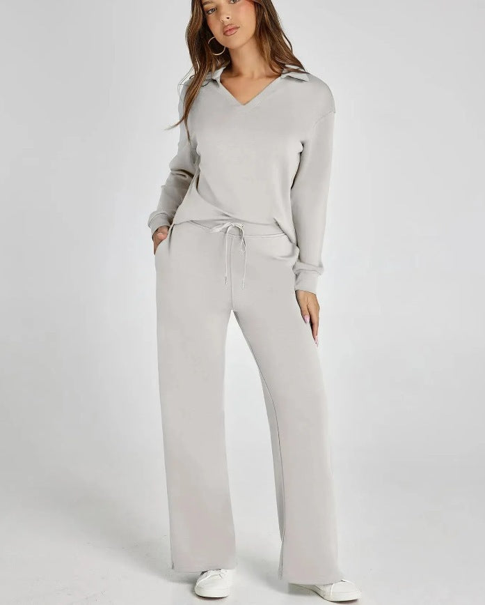 Zweiteiliges Loungewear-Set mit V-Ausschnitt-Oberteil und weiten Hosen
