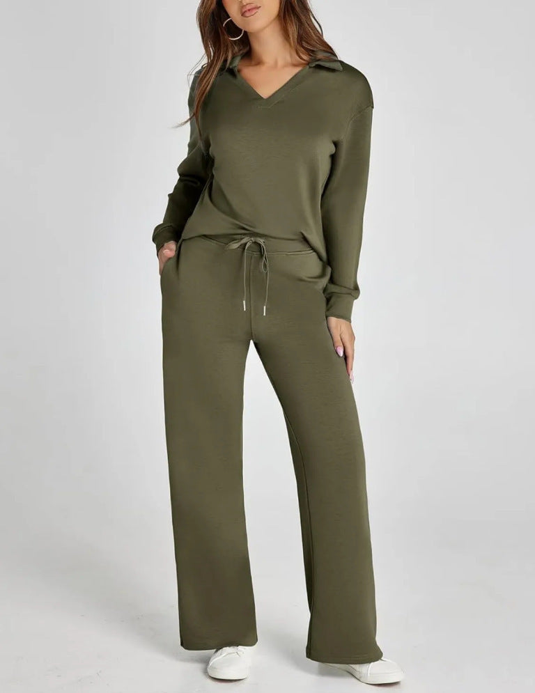 Zweiteiliges Loungewear-Set mit V-Ausschnitt-Oberteil und weiten Hosen
