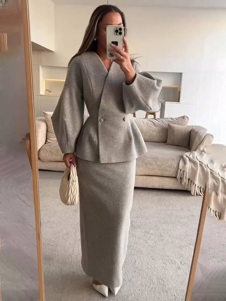 Zwei-Teiliges Rockanzug mit Puffärmel-Blazer und V-Ausschnitt