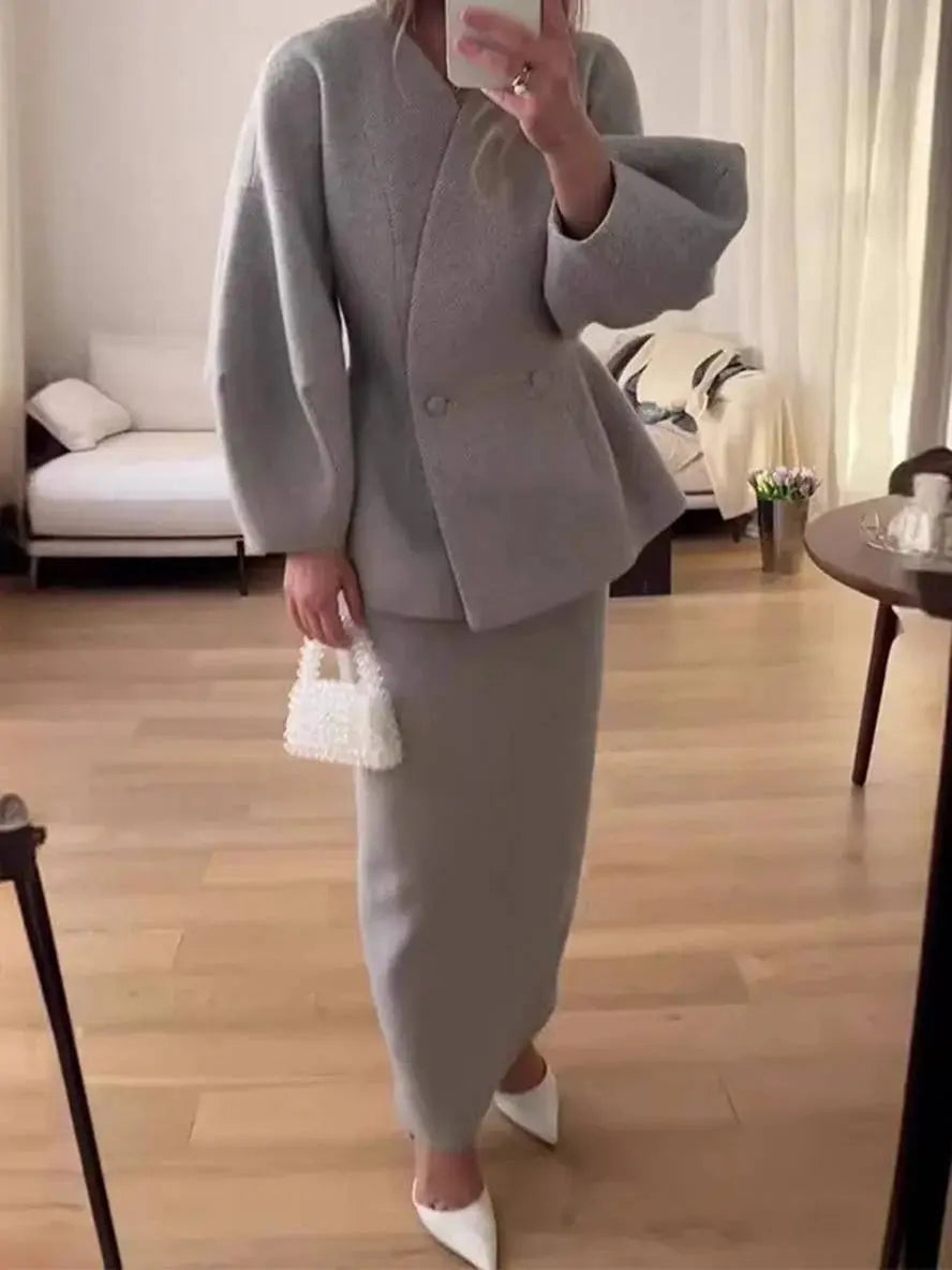 Zwei-Teile Rockanzug mit Puffärmel-Blazer und V-Ausschnitt